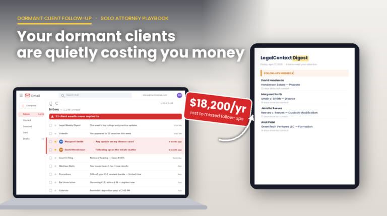 ABA Opinion 512: Compliance Guide for Solo Attorneys graphic showing an email inbox with unreplied client messages next to a LegalContext Digest automated follow-up dashboard.