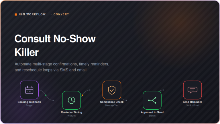 Branded featured image card for the Consult No-Show Killer workflow. Features a premium dark mode tech aesthetic with bold white typography and a stylized n8n workflow diagram showing sequential nodes for Booking Webhook trigger, Reminder Timing wait step, Compliance Check, Approved to Send branch, and Send Reminder via SMS and Email.