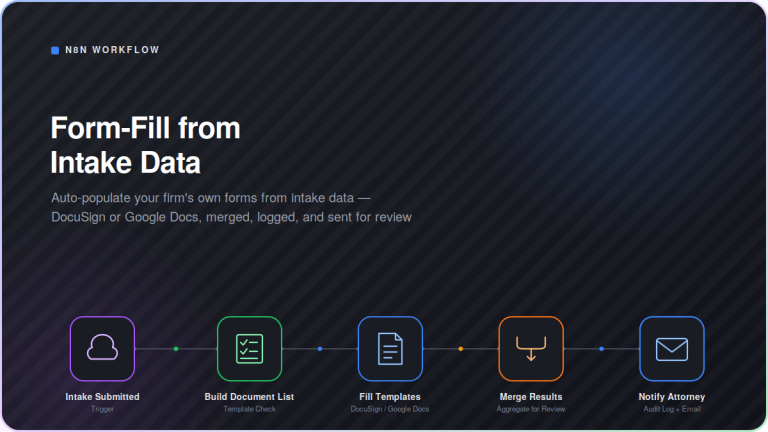 Dark-mode workflow diagram showing the Form-Fill from Intake Data automation: Intake Submitted connects through Build Document List, Fill Templates, Merge Results, and Notify Attorney, in a five-step n8n pipeline for auto-populating a firm's own DocuSign and Google Docs forms from intake data.