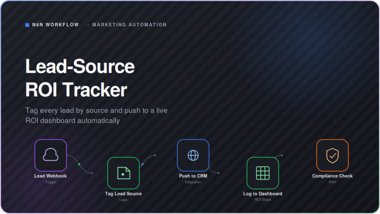 Branded featured image card for the Lead-Source ROI Tracker. It features a dark mode tech aesthetic, bold white typography, and a simplified n8n workflow mockup showing nodes for Lead Webhooks, Source Tagging, CRM Integration, Dashboard Logging, and Compliance Checks.