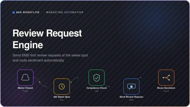 Branded featured image card for the Review Request Engine. Features a premium dark mode tech layout with bold white typography and a stylized n8n workflow diagram showing sequential nodes for Matter Closed, 48h Sweet Spot Wait, Compliance Check, Send Review Request via SMS, and Route Sentiment.